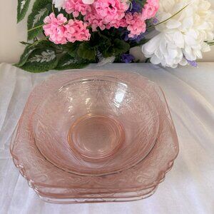 Vintage Federal Glass Madrid Pink Depression Glass Bowls‎ 1930s Scalloped Square